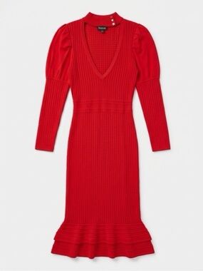 bebe Red Ribbed V-Neck Maxi Dress with Ruffle Hem